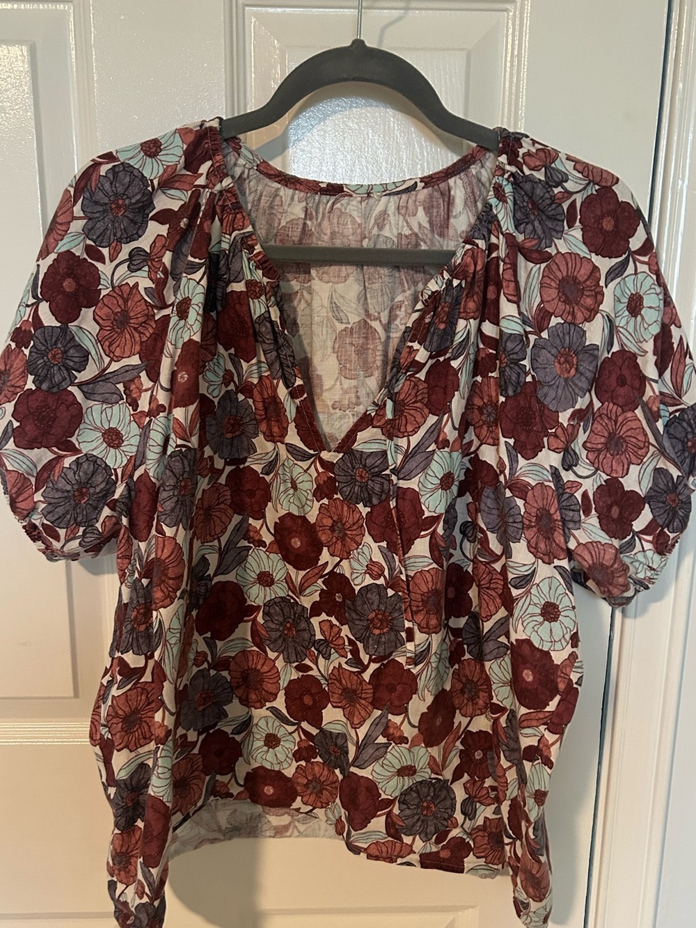 Wilfred- Floral Puff-Sleeve V-Neck Blouse — Burgundy/Mint